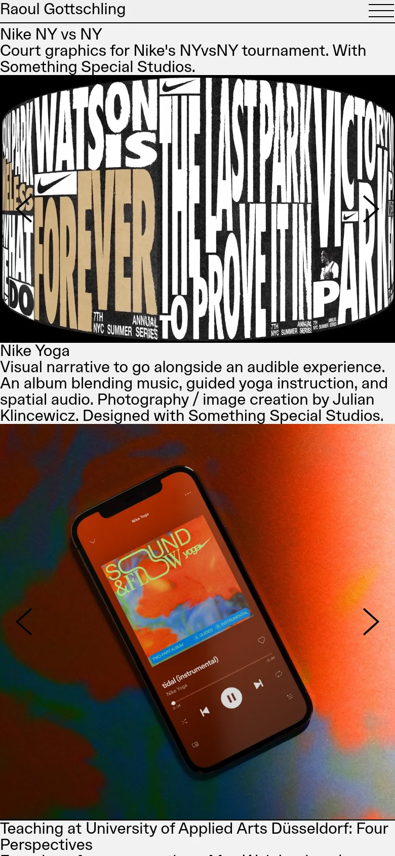 The mobile version maintains the minimalist white and black aesthetic but uses a condensed vertical layout. Navigation links are stacked or simplified, and project images and descriptions are scaled to fit the narrower screen width.