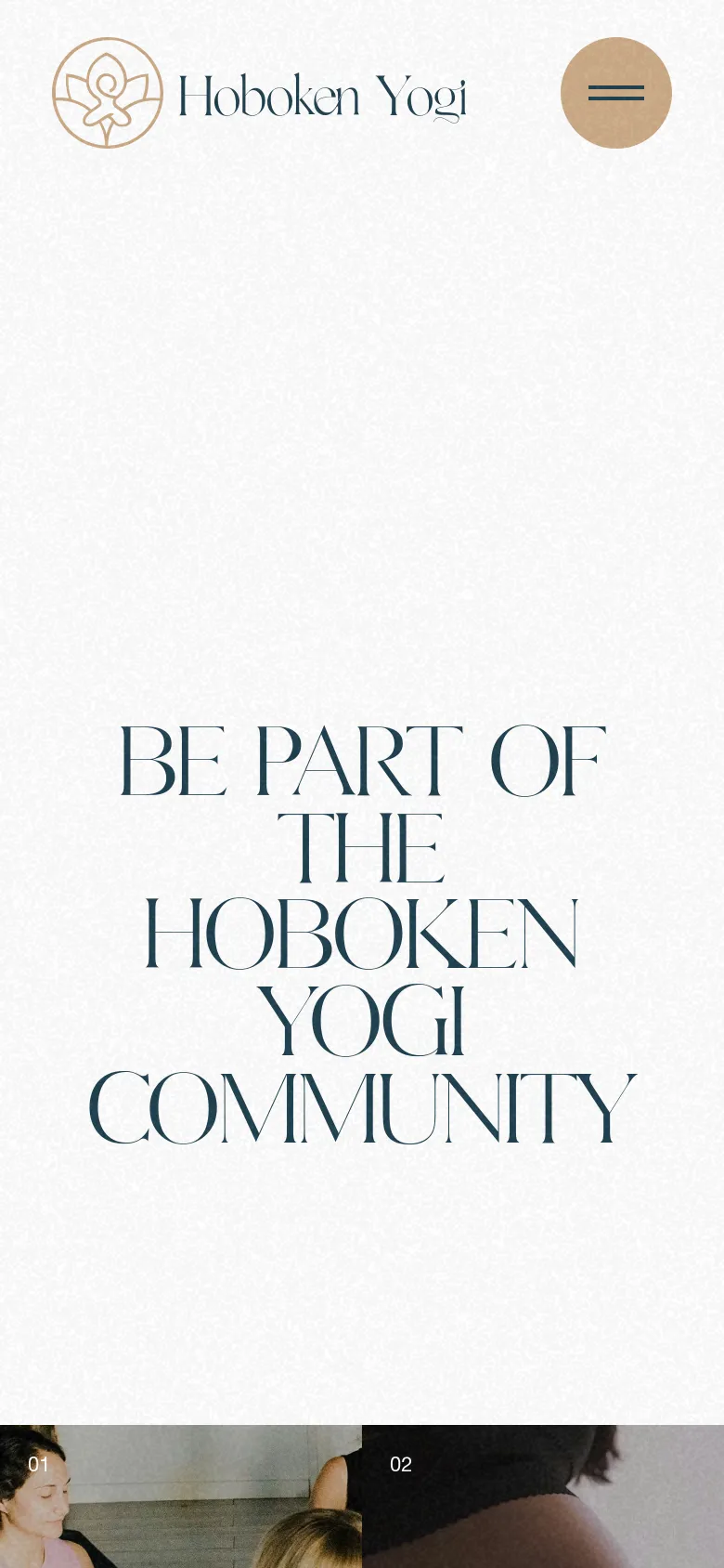The mobile version presents a vertically stacked layout with the Hoboken Yogi logo and a hamburger menu icon at the top. The large hero text is centered and takes up the middle of the screen, followed by a grid of class types with images and descriptions.