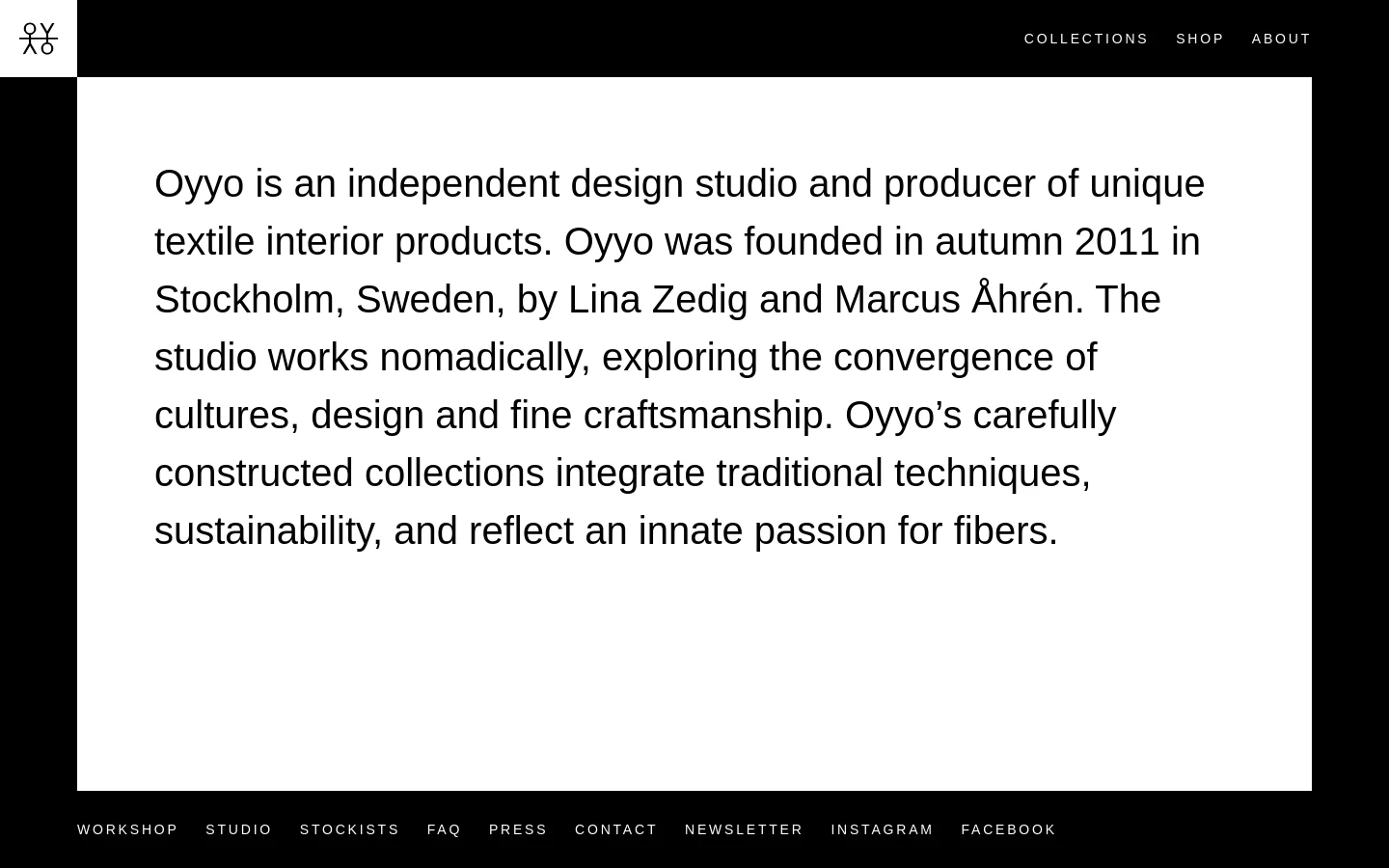 The desktop About page features a minimalist design with a large white central content area surrounded by a thick black border. A large block of black serif text describes the design studio's history and mission, set against the white background. The navigation menu is at the top right, and a footer with text links is at the bottom.