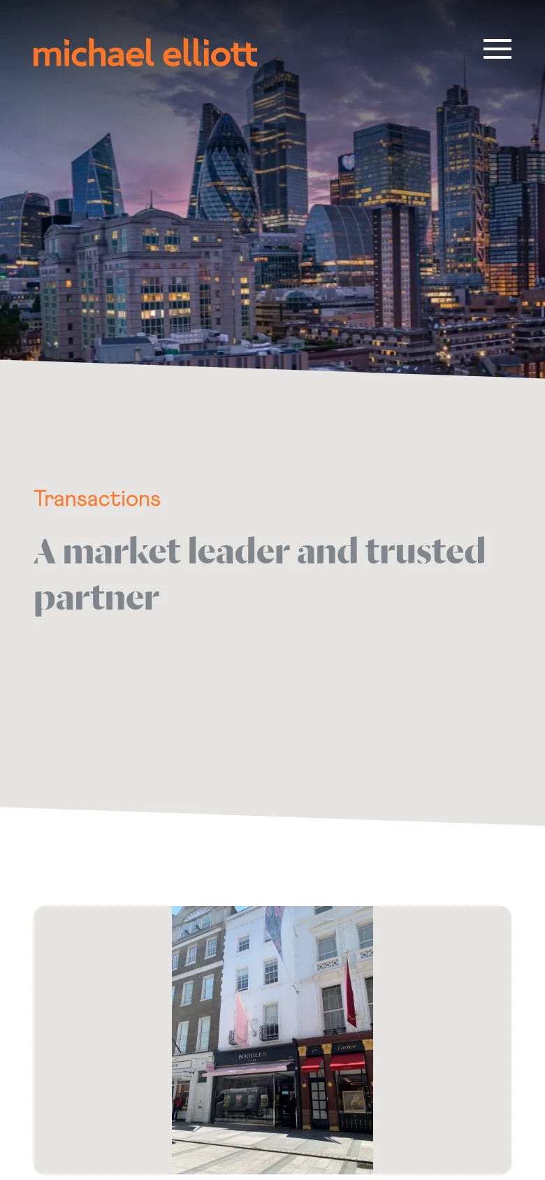 The mobile version displays the London skyline hero image spanning the full width of the top of the screen, with a hamburger menu icon in the corner. The 'Transactions' headline and subheadline follow below, and the property transaction cards are stacked vertically in a single column for easier scrolling.