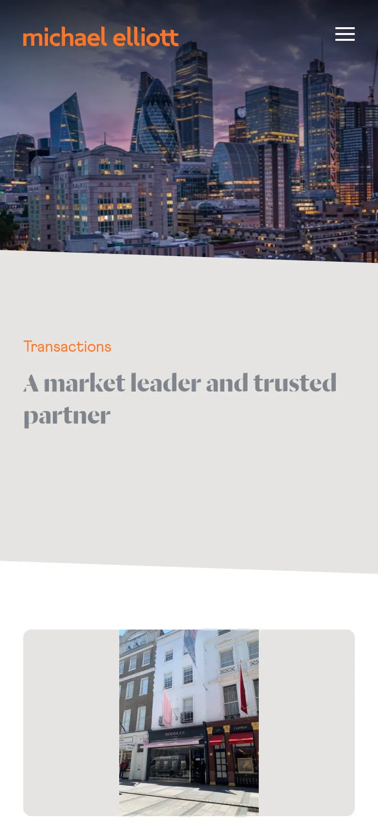 The mobile version displays the London skyline hero image spanning the full width of the top of the screen, with a hamburger menu icon in the corner. The 'Transactions' headline and subheadline follow below, and the property transaction cards are stacked vertically in a single column for easier scrolling.