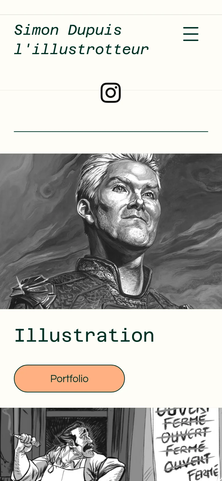 The mobile version uses a simplified layout with a hamburger menu icon and a centered Instagram icon. The hero section features the same black and white portrait spanning the width of the screen, positioned above the 'Illustration' headline and a large peach 'Portfolio' button.