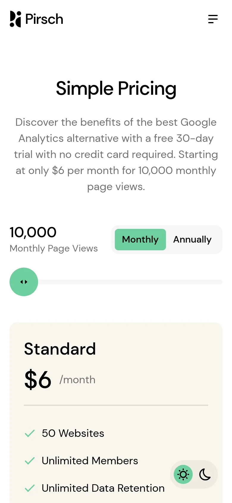 The mobile version maintains the minimalist aesthetic but uses a single-column vertical layout. The navigation is condensed into a hamburger menu, and the pricing cards are stacked vertically for easy scrolling, ensuring the text and call-to-action buttons remain legible on a smaller screen.