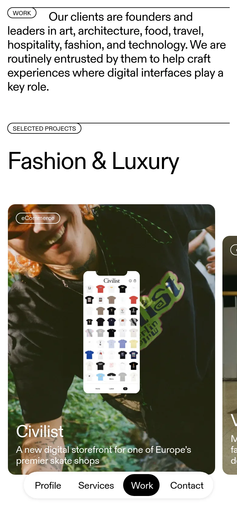 The mobile version maintains the minimalist black-on-white aesthetic but transitions to a single-column vertical layout. The text and project cards are stacked vertically to fit the narrow screen, and a bottom navigation bar with links for Profile, Services, Work, and Contact is visible.