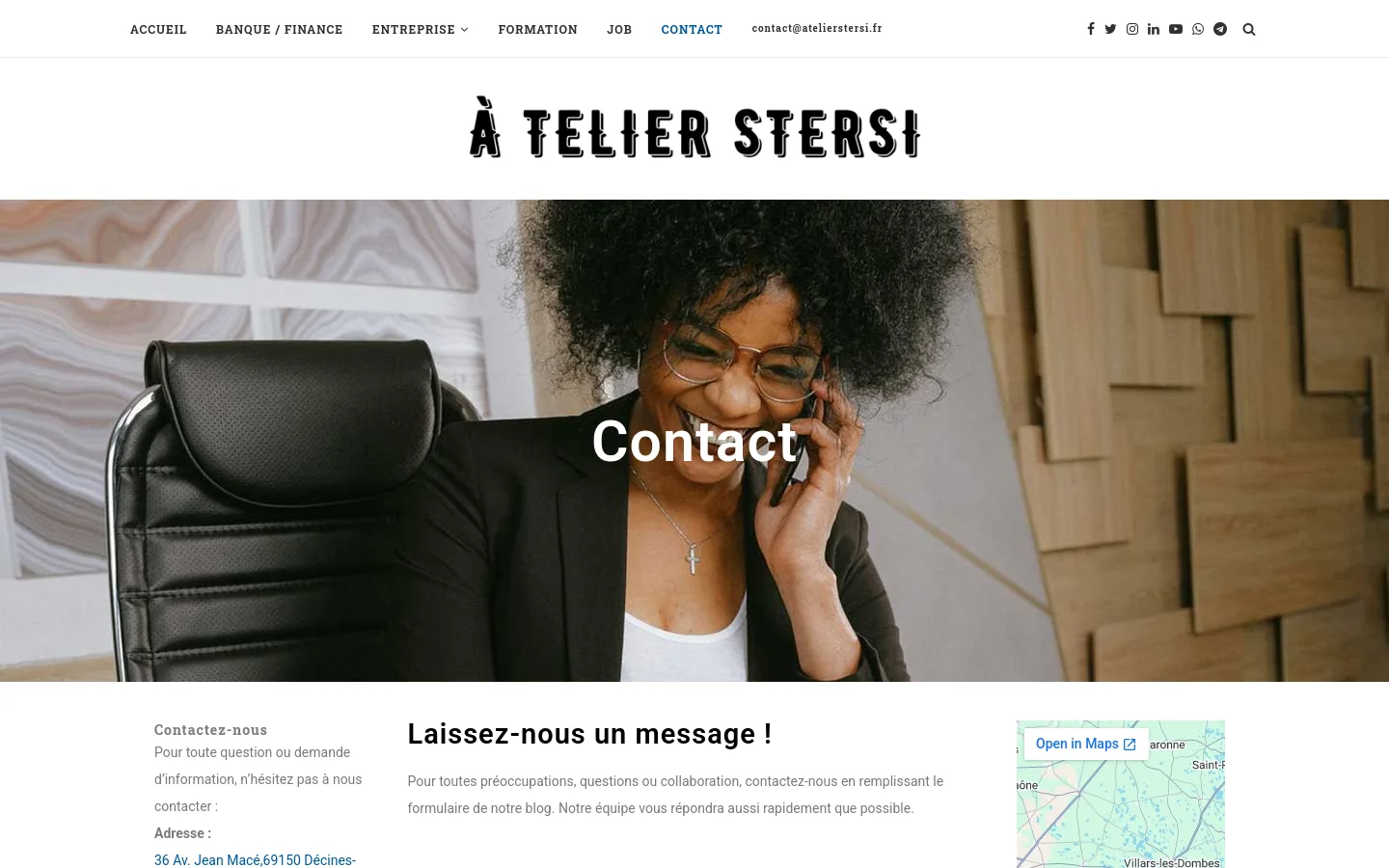 The desktop contact page features a white header with a large black logo and a navigation menu. Below, a hero image shows a smiling woman on a phone call with the word 'Contact' overlaid in large white text. The main content area includes a contact information section on the left and a message form section on the right.