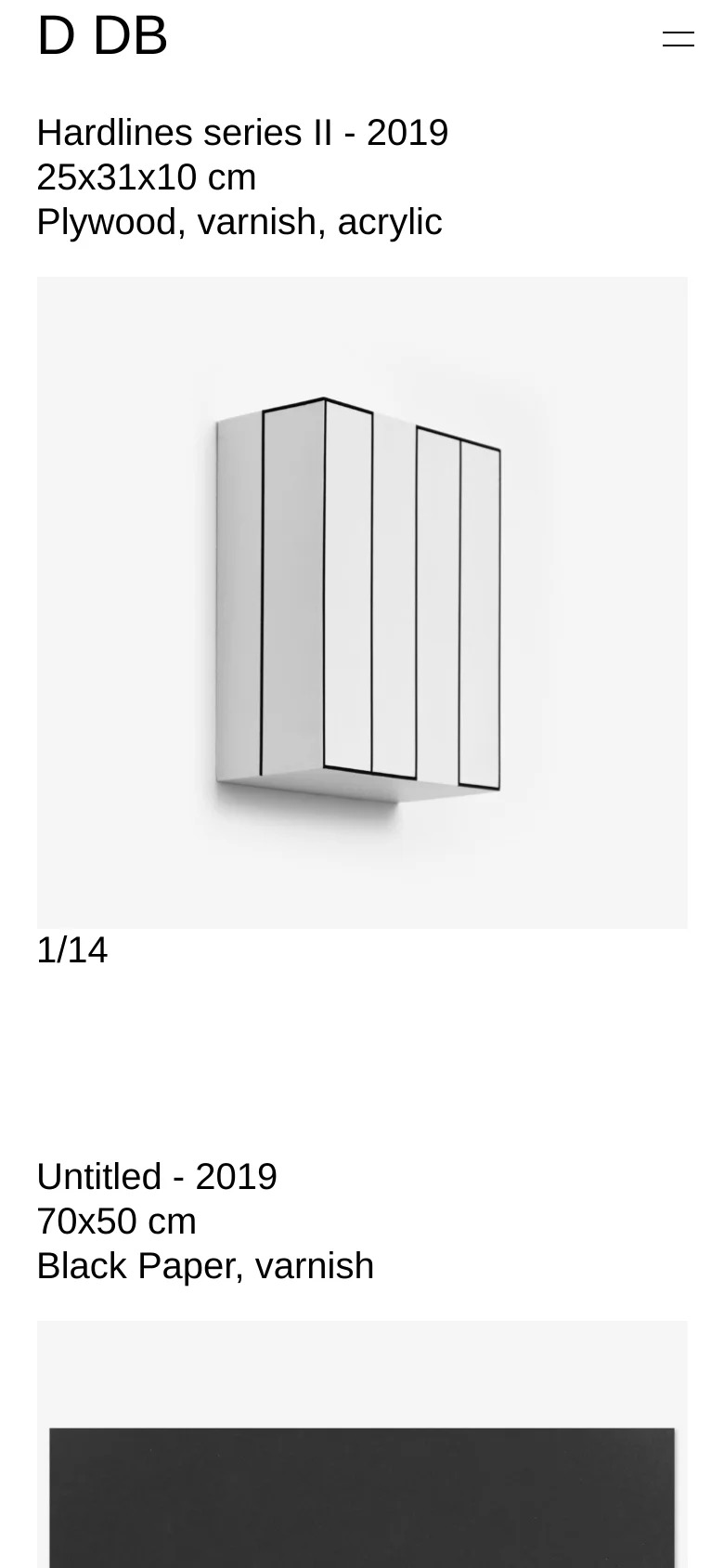 The mobile version maintains the minimalist aesthetic but uses a condensed layout. The top navigation is replaced by a hamburger menu icon on the right, and the artwork title, dimensions, and materials are stacked vertically above a large, centered image of the white geometric sculpture.