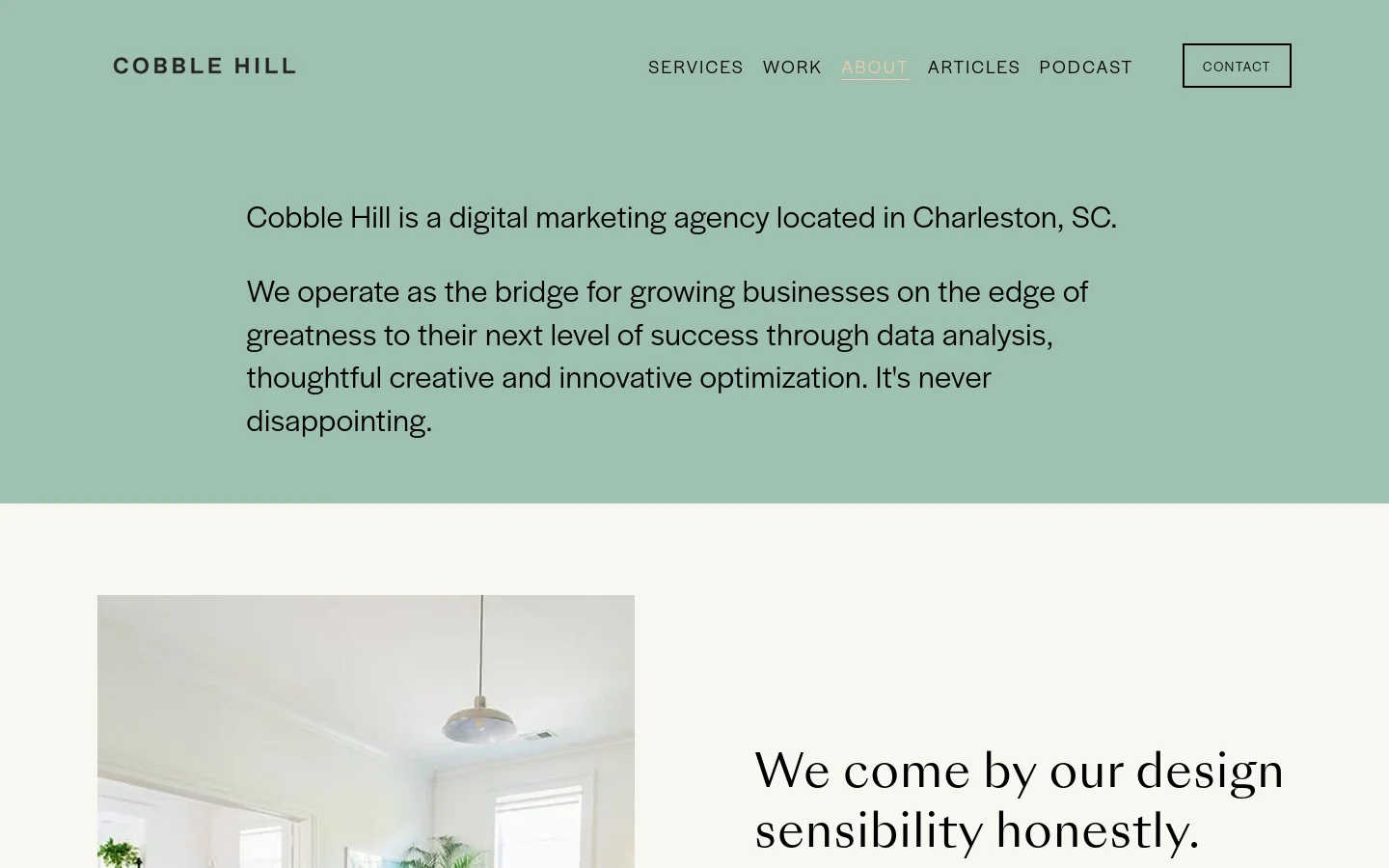 The desktop About page features a sage green header with a clean navigation menu and a large text block introducing the agency. Below, a white section contains a large lifestyle photograph of a bright room next to a bold headline about design sensibility. The layout uses ample whitespace and a minimalist aesthetic.
