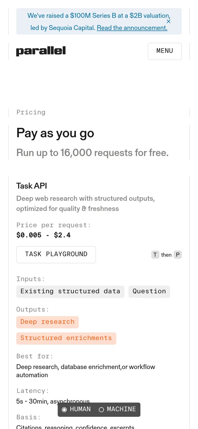 The mobile version simplifies the layout into a vertical stack, focusing on the 'Pay as you go' headline and the free request offer. The detailed API comparison grid is replaced by individual content blocks that stack vertically, making the technical specifications easier to scroll through on a small screen.