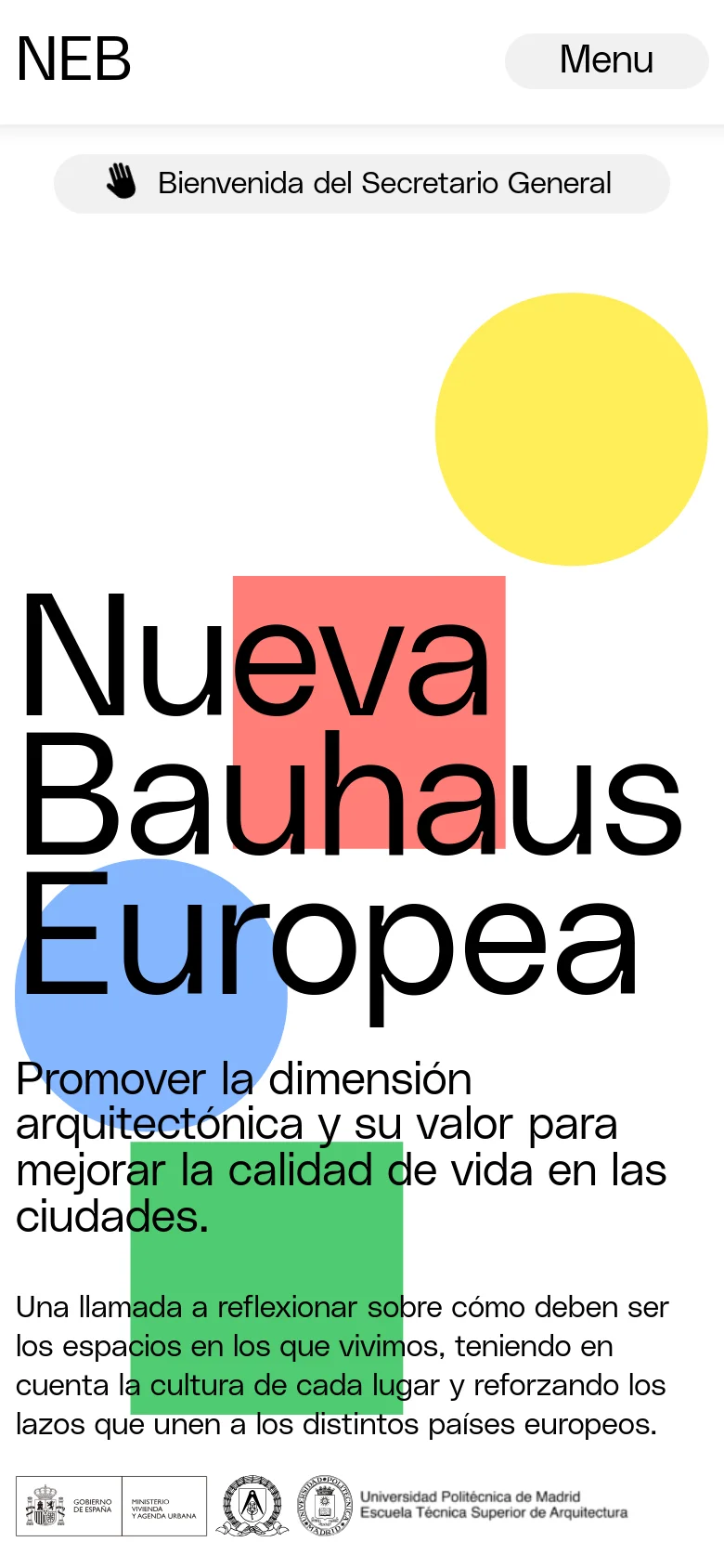 The mobile version maintains the bold 'Nueva Bauhaus Europea' headline and colorful geometric background but uses a simplified layout. The top navigation is replaced by a single 'Menu' button, and the welcome link is presented as a full-width button with a hand icon.