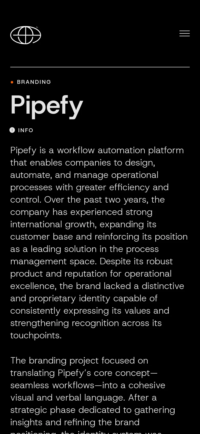 The mobile version presents a simplified dark interface with a condensed layout. The navigation is tucked into a hamburger menu icon at the top right, and the text content is stacked vertically, with the 'Pipefy' heading followed by the descriptive paragraphs for easier reading on a smaller screen.