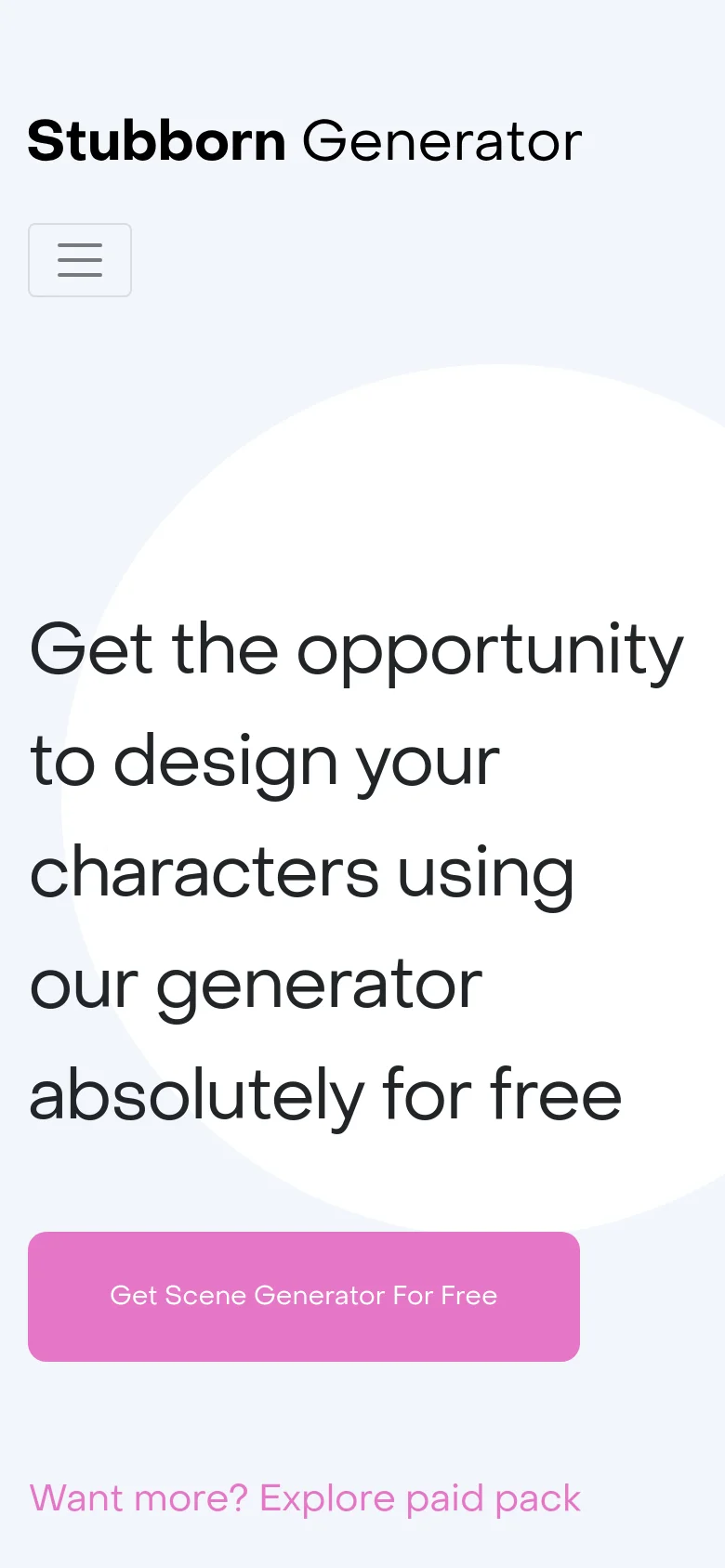 The mobile version presents a vertically stacked layout with the 'Stubborn Generator' logo and a hamburger menu icon at the top. The large headline is centered above a single pink 'Get Scene Generator For Free' button, followed by a text link for the paid pack, optimizing the interface for a narrow screen.