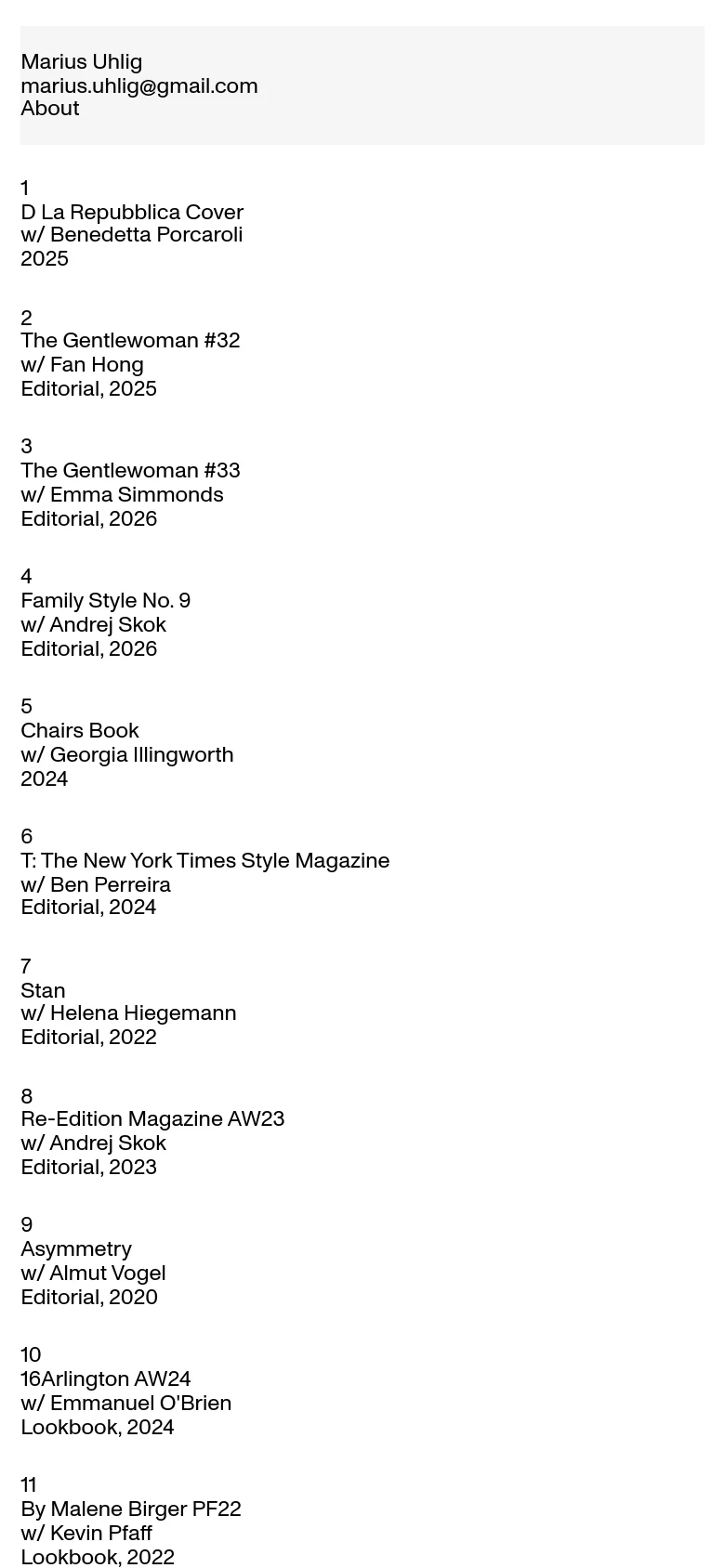 The mobile version presents a simplified, single-column vertical list of the portfolio projects to accommodate a narrow screen. The text remains black on a white background, maintaining the minimalist aesthetic while stacking the project details and numbers sequentially for easy scrolling.