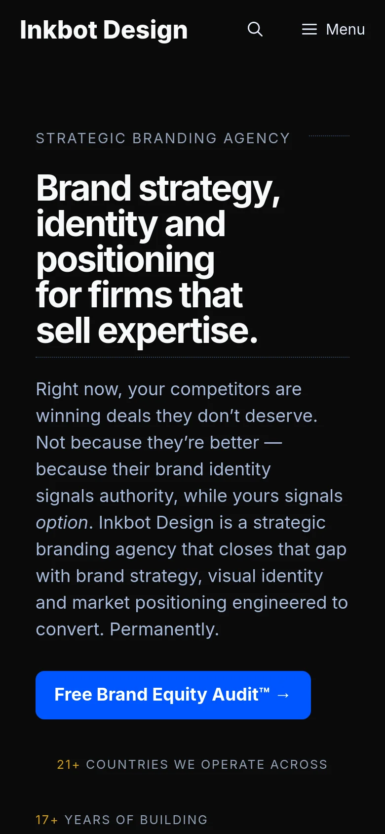 The mobile version presents a vertically stacked layout with a dark background. The hero headline is prominently sized at the top, followed by the descriptive text and a full-width blue 'Free Brand Equity Audit™' button. The navigation is condensed into a hamburger menu icon next to the logo, and the statistics are listed vertically below the main button.