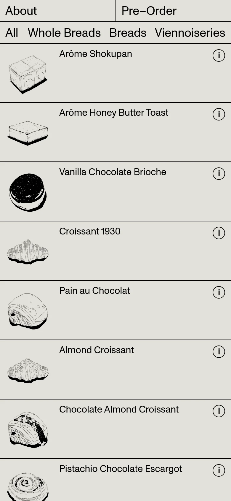 The mobile version presents the menu in a single-column vertical list instead of a grid. Each item features its black and white line drawing illustration on the left, with the product name and an information icon aligned to the right. The layout is simplified for vertical scrolling, maintaining the minimalist aesthetic and light grey color scheme.