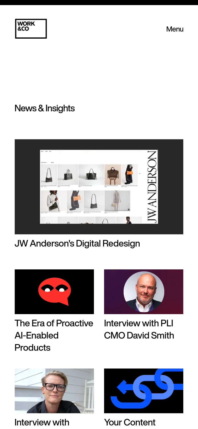The mobile version maintains the clean white aesthetic but uses a single-column vertical layout. The 'News & Insights' heading is prominent, followed by the JW Anderson feature image and text, which stack vertically. Subsequent article cards, such as the AI-enabled products and interviews, are also arranged in a vertical stack for easier scrolling.
