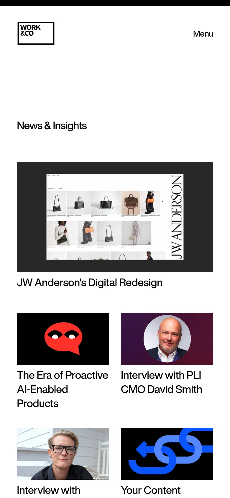 The mobile version maintains the clean white aesthetic but uses a single-column vertical layout. The 'News & Insights' heading is prominent, followed by the JW Anderson feature image and text, which stack vertically. Subsequent article cards, such as the AI-enabled products and interviews, are also arranged in a vertical stack for easier scrolling.