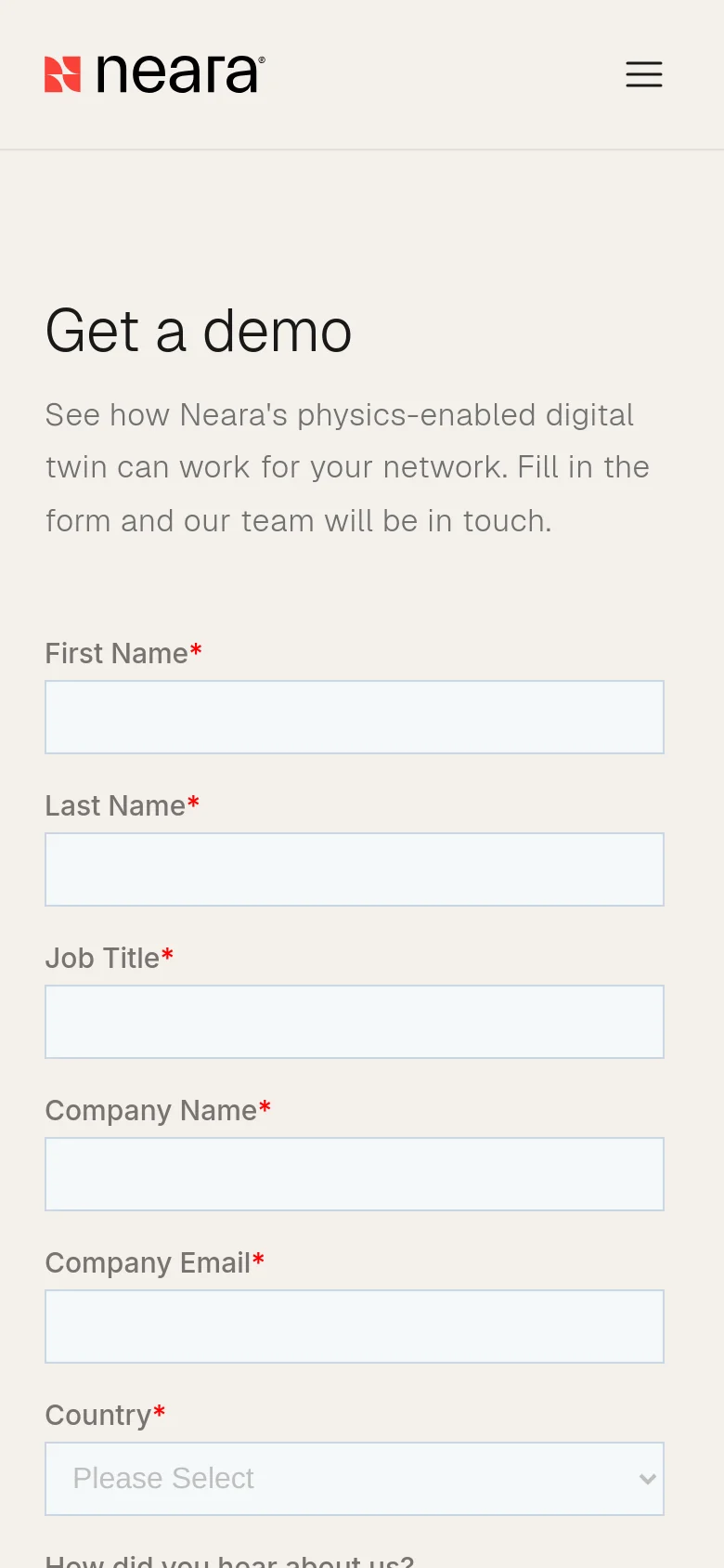 The mobile version maintains the same light gray color scheme and content but uses a single-column layout for the contact form to fit the narrow screen. The top navigation is condensed into a hamburger menu icon next to the Neara logo, and the text is scaled for readability on a smaller device.