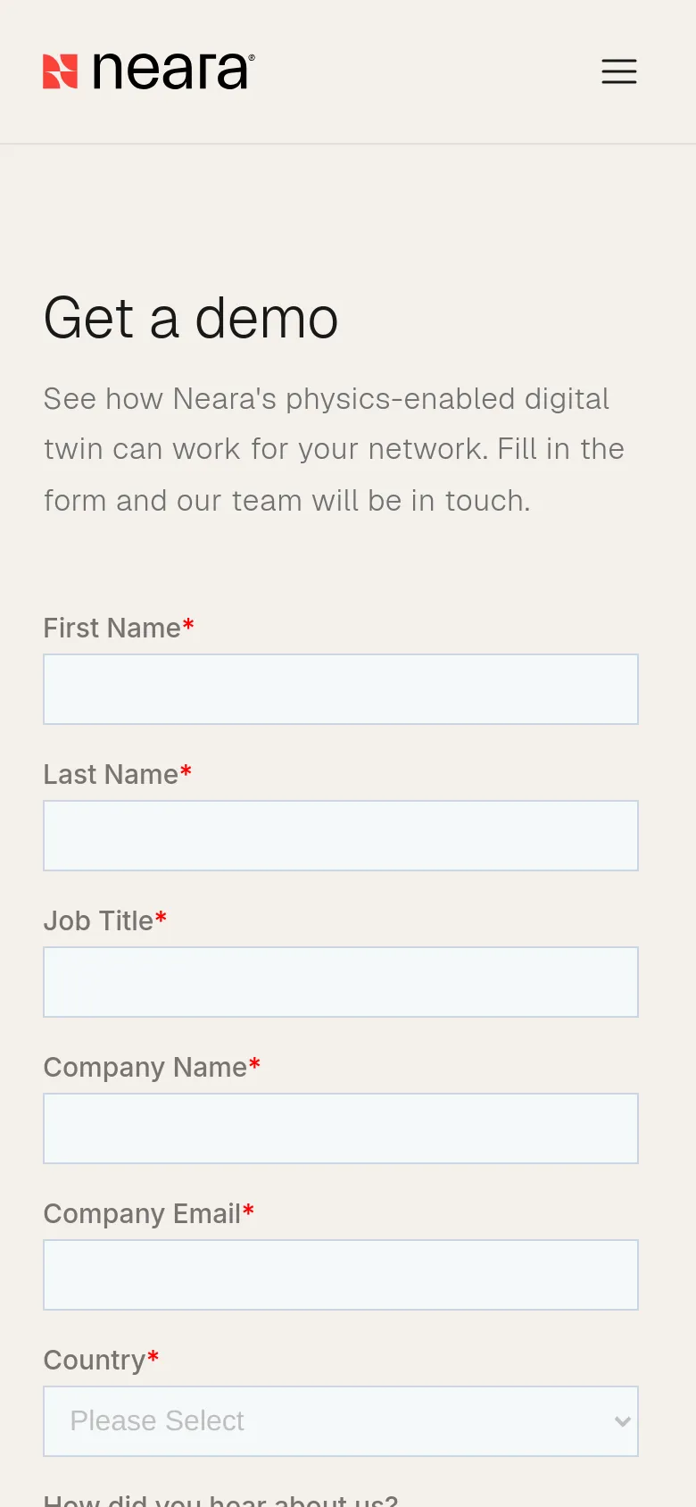 The mobile version maintains the same light gray color scheme and content but uses a single-column layout for the contact form to fit the narrow screen. The top navigation is condensed into a hamburger menu icon next to the Neara logo, and the text is scaled for readability on a smaller device.
