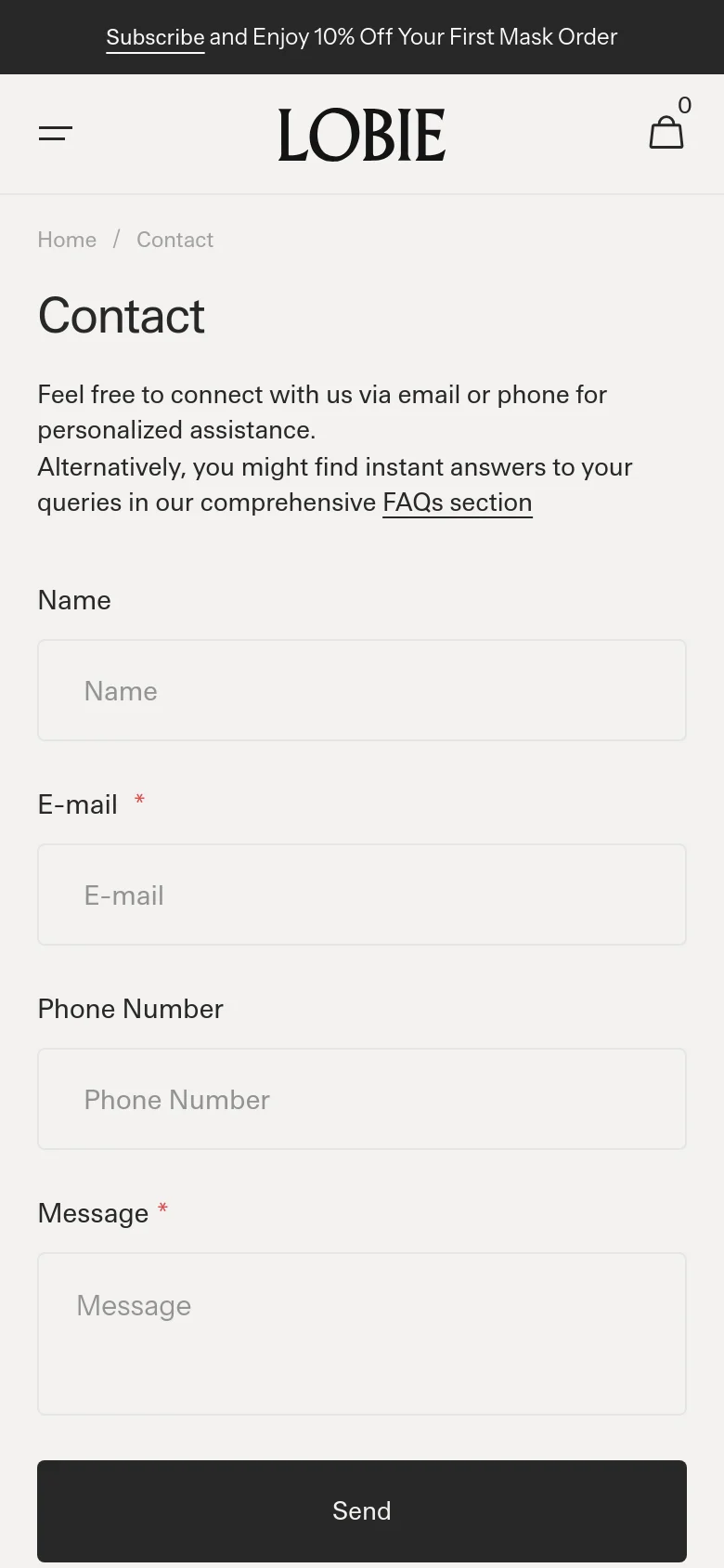 The mobile version maintains the minimalist white aesthetic but stacks the elements vertically for a narrow screen. The navigation is condensed into a hamburger menu, and the contact form fields and the dark 'Send' button expand to fill the full width of the mobile viewport.