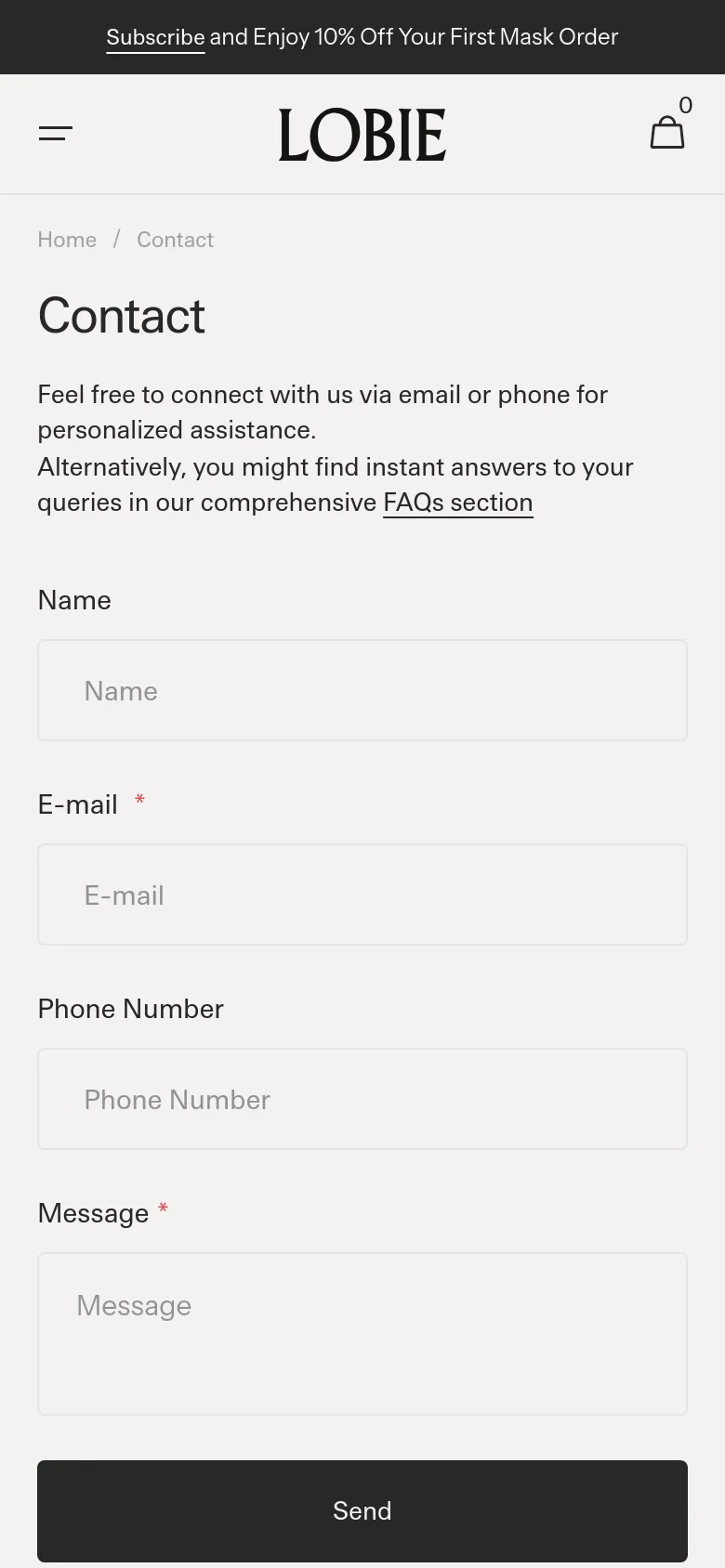 The mobile version maintains the minimalist white aesthetic but stacks the elements vertically for a narrow screen. The navigation is condensed into a hamburger menu, and the contact form fields and the dark 'Send' button expand to fill the full width of the mobile viewport.