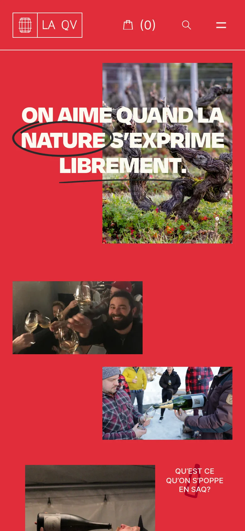 The mobile version maintains the bright red theme but uses a condensed header with a hamburger menu, a shopping bag icon, and a search icon. The content is stacked vertically, beginning with the large headline and hero image, followed by smaller images and text sections that span the width of the screen.