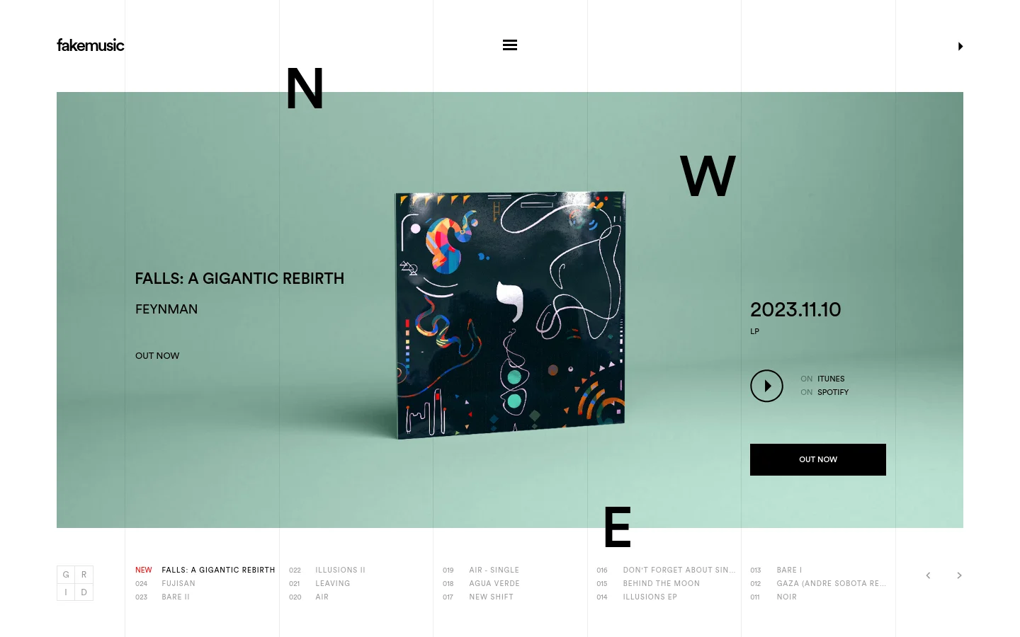 A minimalist white webpage featuring the text 'fakemusic' in a bold, black sans-serif font centered in the middle. The top left contains a navigation link for 'fakemusic' and a 'Playing Now' status, while a 'G R I D' link is positioned above the central text.