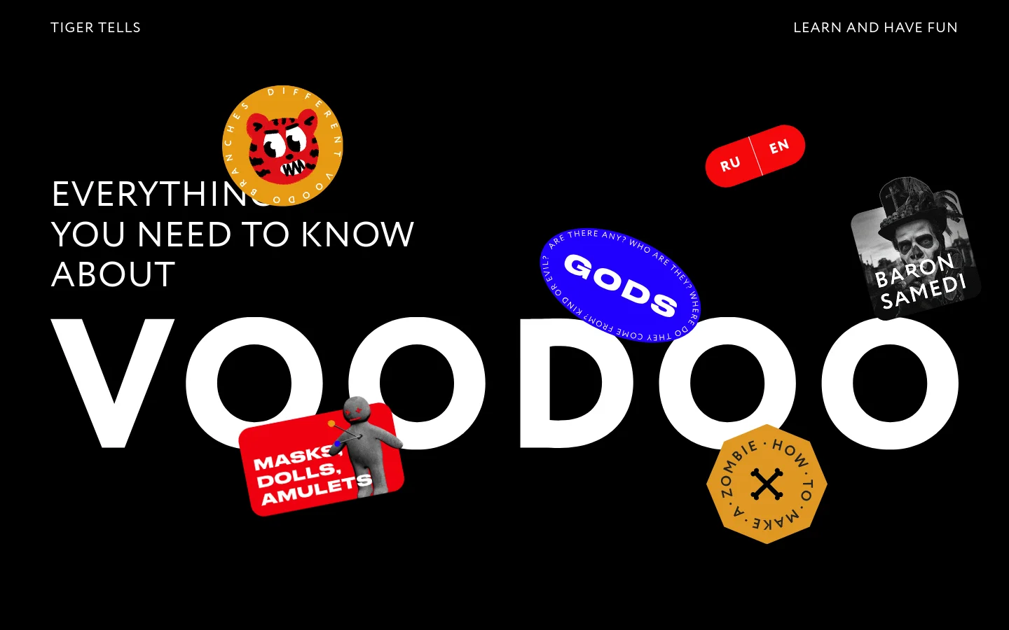 A dark-themed landing page with a black background featuring large white text that reads 'EVERYTHING YOU NEED TO KNOW ABOUT VOODOO'. The layout is decorated with colorful, eclectic graphic elements including a tiger sticker, a blue 'GODS' oval, a red pill shape, and a portrait of Baron Samedi. The design uses a collage-style aesthetic with various floating icons and stickers.