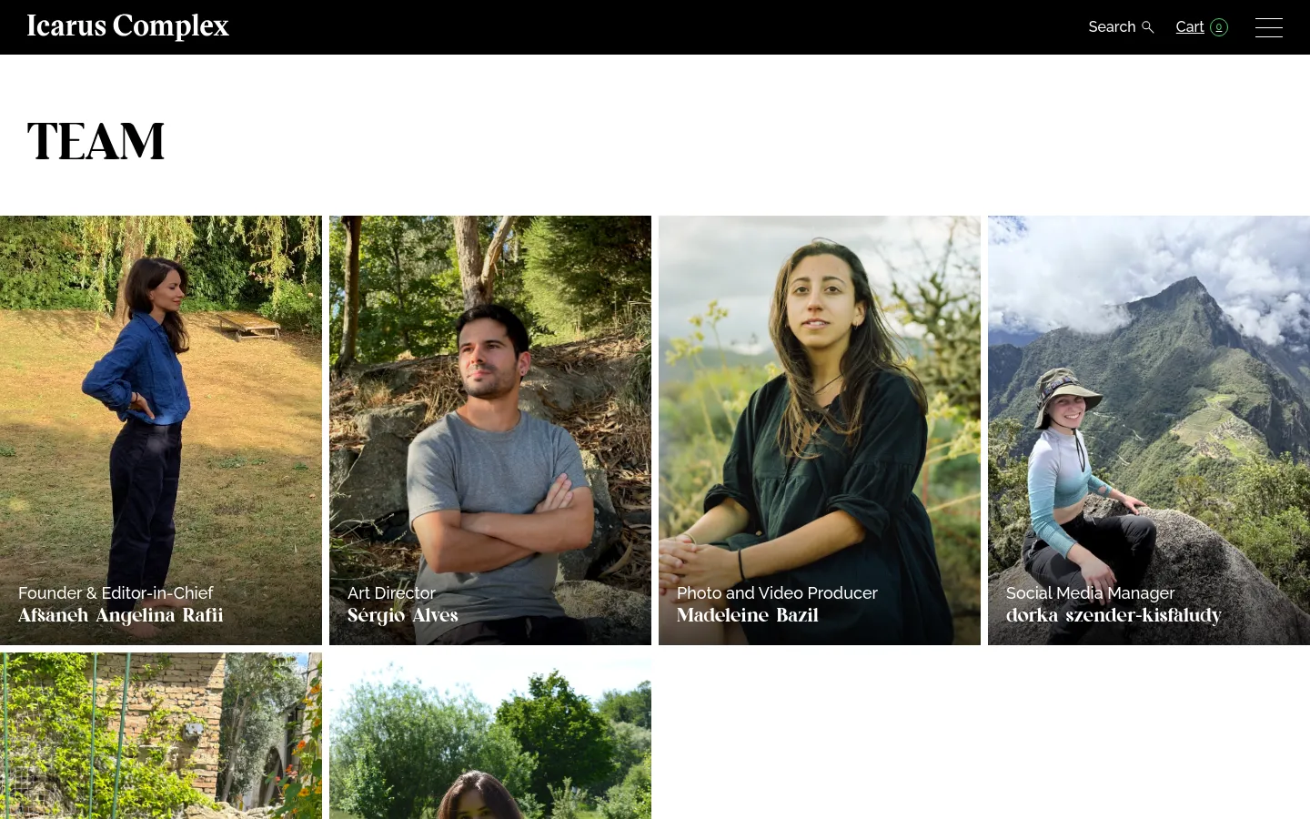 The desktop Team page features a large 'TEAM' heading against a white background. Below, a grid of large, vertical portrait photographs shows team members in natural outdoor settings, with their roles and names overlaid in white text at the bottom of each image. The header includes the magazine name, a search icon, a cart link, and a hamburger menu.