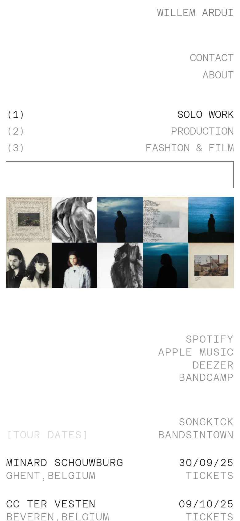 The mobile version presents a simplified, single-column layout with the navigation links stacked at the top. The central content consists of a vertical scroll of large photographic images, followed by music streaming links and a list of tour dates. The design maintains a clean, high-contrast aesthetic with plenty of white space.