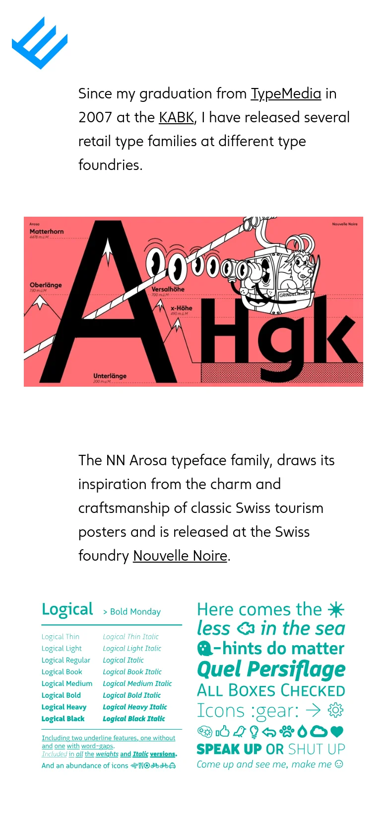 The mobile version transitions to a single-column vertical layout where the navigation menu is moved to the top or hidden. The typeface specimen images and text blocks are stacked vertically, making the large typographic elements and colorful graphics the primary focus of the scrolling experience.