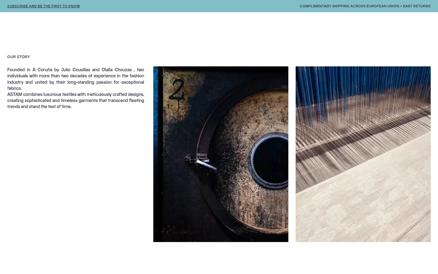 The desktop About page features a minimalist design with a large hero image of a person in neutral-toned clothing at the top. Below, the 'Manifesto' and 'Our Story' sections use clean typography on a white background, interspersed with wide, high-quality lifestyle and texture images. The layout is spacious, utilizing a single-column flow for text with side-by-side image grids in the lower sections.