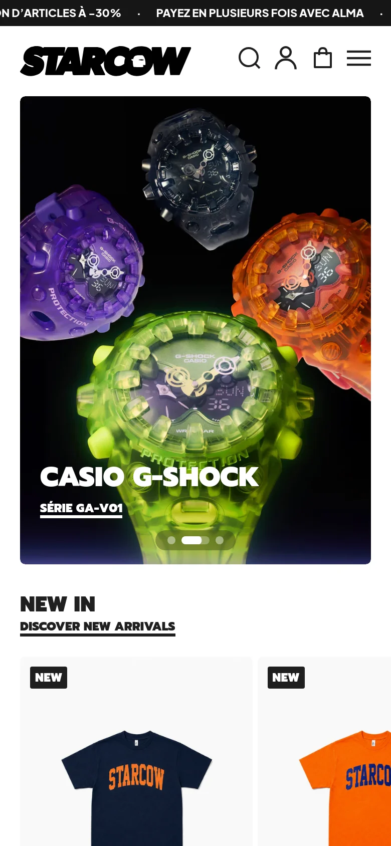 The mobile version uses a condensed layout with a hamburger menu and a simplified header containing the logo, search, and account icons. The hero section features vertically stacked, full-width promotional banners for brands like Maharishi, Casio G-Shock, and Nike, followed by a 'New in' section with product cards for various t-shirts.