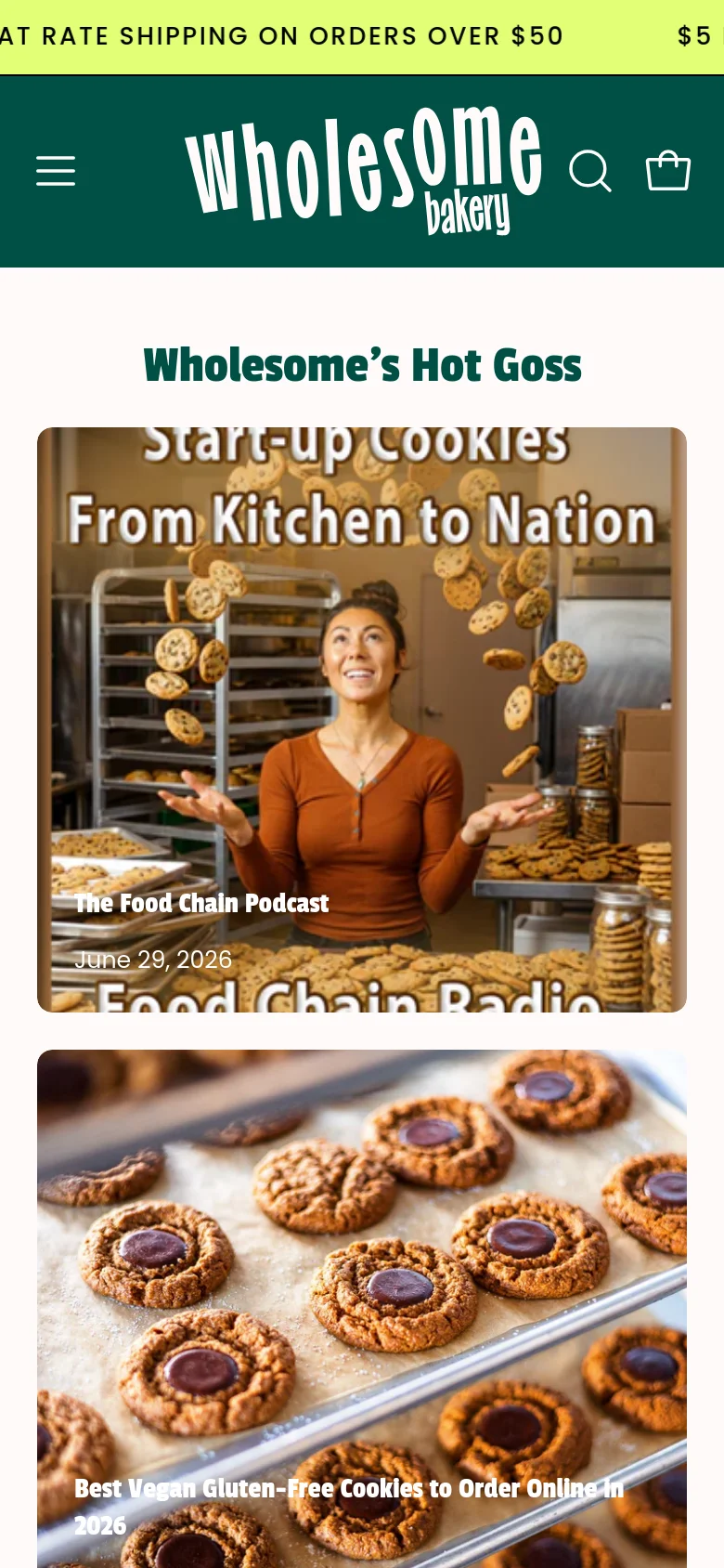 The mobile version presents a simplified layout with a hamburger menu, logo, search, and cart in the header. The blog posts are arranged in a single-column vertical stack instead of a grid, with large full-width images and text overlays for titles and dates to ensure readability on a smaller screen.