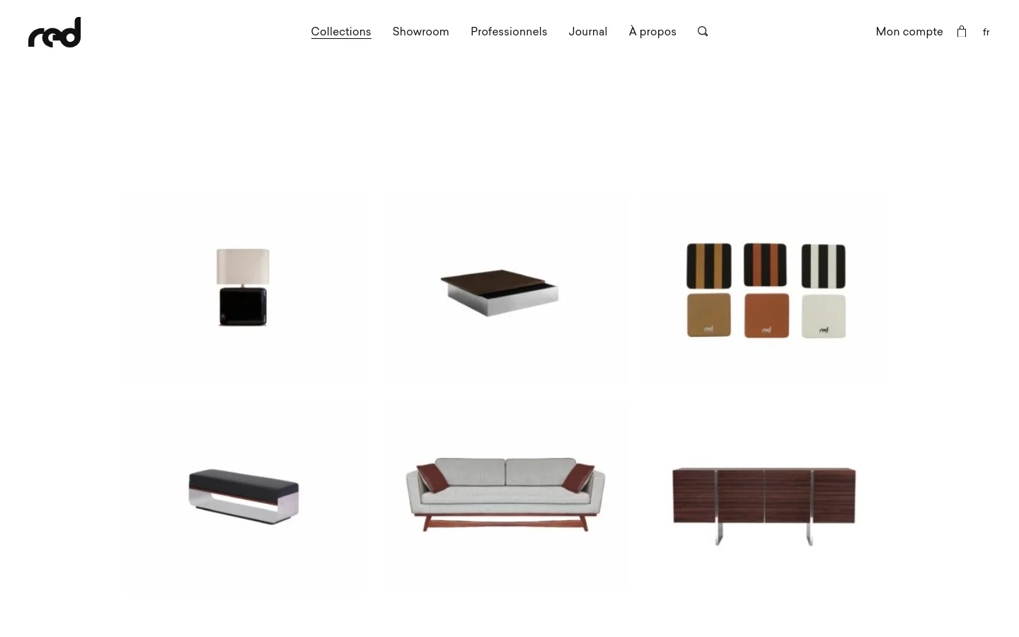The desktop version of the Collections page features a minimalist white layout with a top navigation bar containing the Red Edition logo, menu links, and account icons. A grid of high-quality product images displays various design items like lamps, chests, and sofas, each centered within its own space.