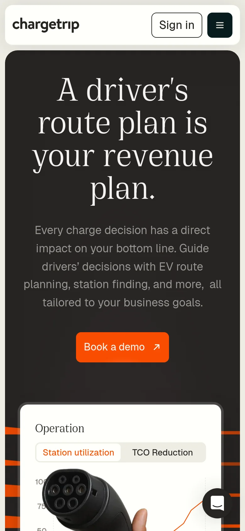 The mobile version presents a vertically stacked layout with the same dark theme and hero headline. The 'Book a demo' call-to-action is centered and enlarged for easy tapping, while the navigation is condensed into a hamburger menu icon in the top right corner. The background imagery and dashboard graphics are scaled down to fit the narrow viewport.