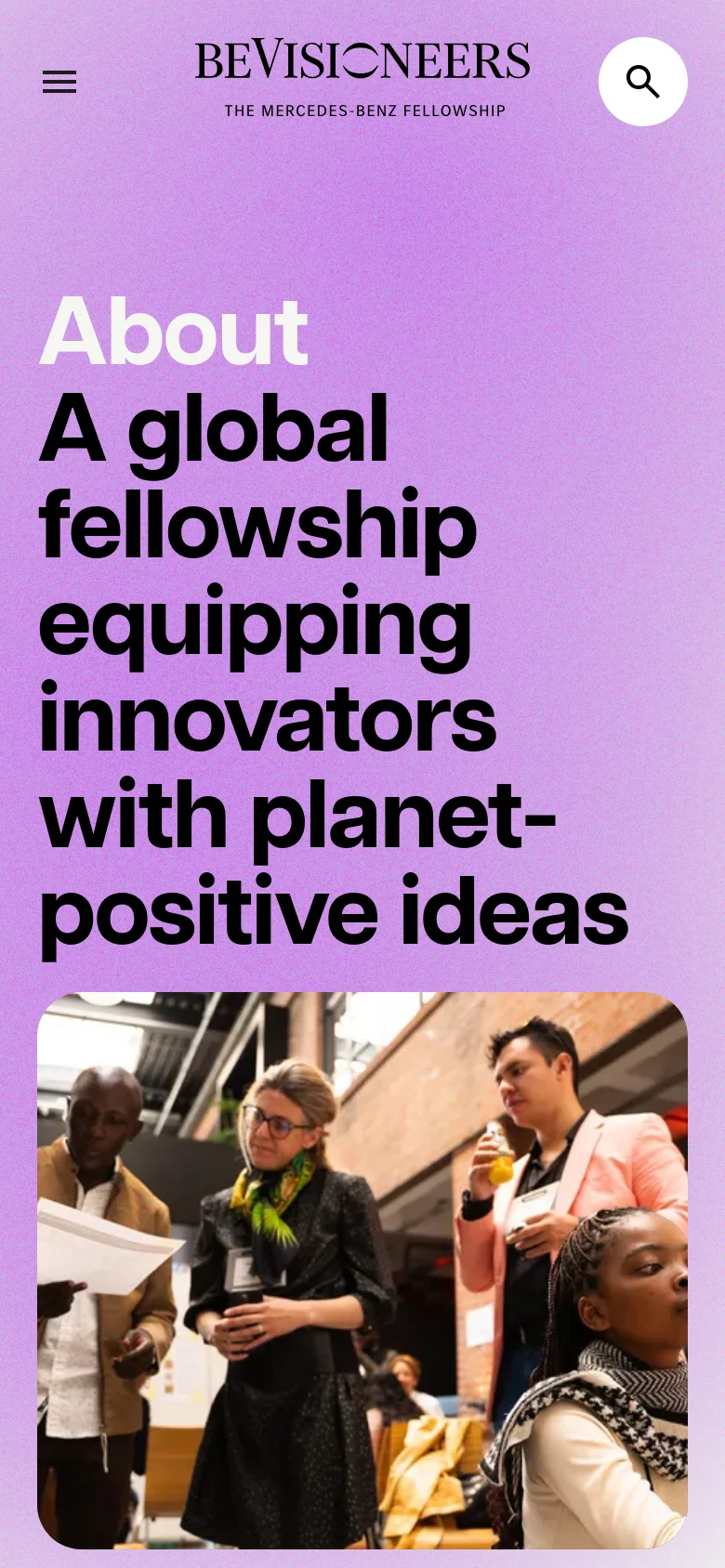 BeVisioneers About us mobile view with a stacked layout. The large headline, A global fellowship equipping innovators with planet-positive ideas, dominates the screen above a portrait-oriented photo of a diverse group of people, using a minimalist purple and white color scheme.