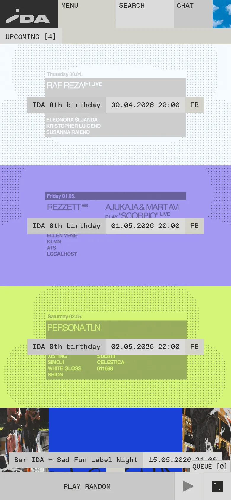 The mobile version presents the same colorful event tiles but arranged in a single-column vertical stack for easier scrolling. The navigation and playback controls are simplified, with the menu and search options condensed to fit the narrower screen width.