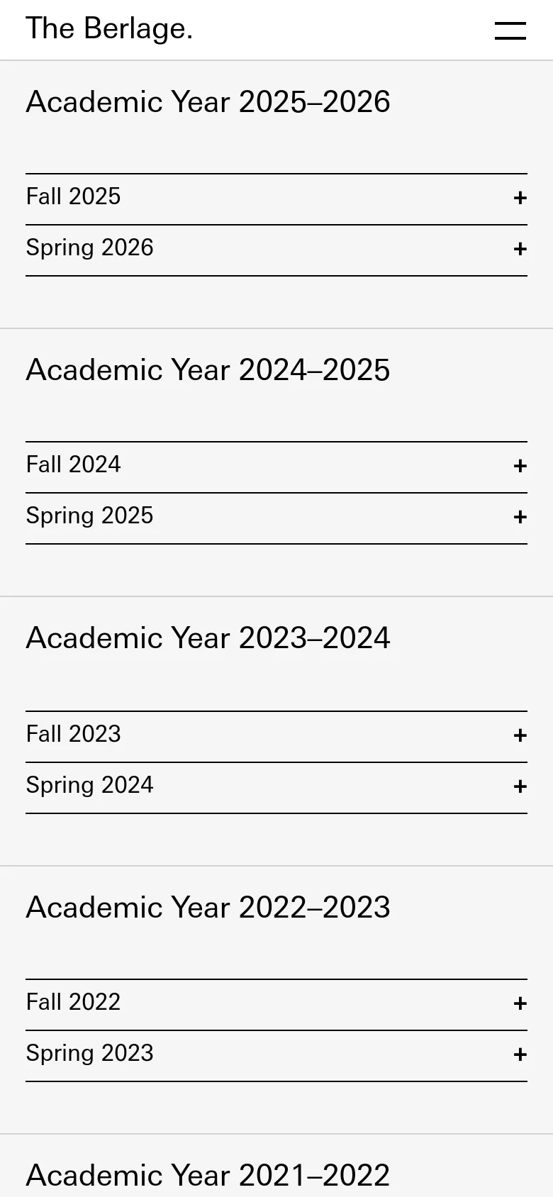 The mobile version maintains the minimalist black-and-white aesthetic but uses a single-column layout. The academic years and their respective semester accordion menus are stacked vertically, filling the width of the screen to ensure readability on smaller devices.