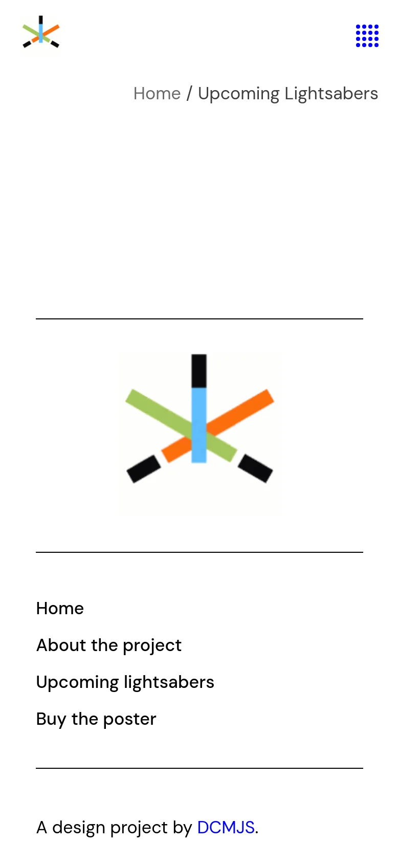 The mobile version presents a simplified, single-column vertical layout with the abstract lightsaber graphic centered. The navigation links, including 'Home' and 'Upcoming lightsabers', are stacked vertically below the graphic for easier scrolling. The header and footer elements are condensed to fit the narrow screen width.