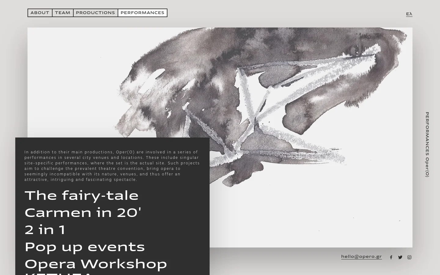 The desktop page features a minimalist design with a large, grayscale watercolor-style abstract wash as the hero image. A dark gray overlay on the left contains white text, including an introductory paragraph and a list of performance links such as 'The fairy-tale' and 'Carmen in 20'. The navigation menu is at the top left, and contact information with social icons is at the bottom right.
