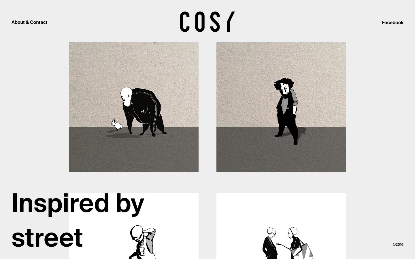The Cosy homepage features a minimalist light gray layout with a large black stylized logo centered at the top. Below the header, a grid of square, black-and-white character illustrations is displayed, including a large figure leaning toward a small rabbit. Navigation links for 'About & Contact' and 'Facebook' are positioned in the top corners.