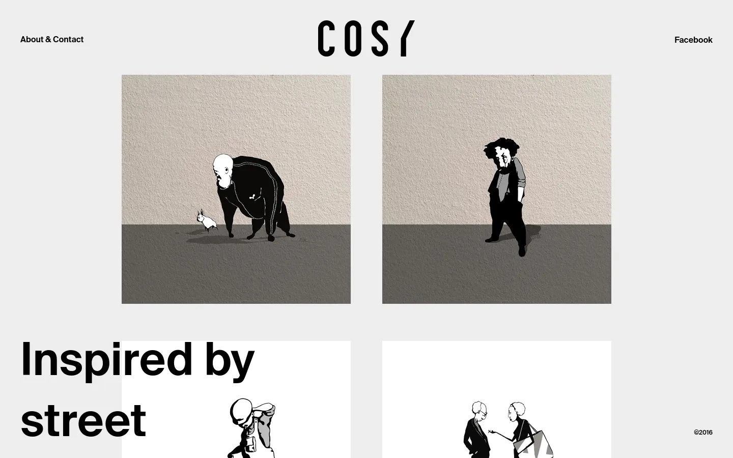 The Cosy homepage features a minimalist light gray layout with a large black stylized logo centered at the top. Below the header, a grid of square, black-and-white character illustrations is displayed, including a large figure leaning toward a small rabbit. Navigation links for 'About & Contact' and 'Facebook' are positioned in the top corners.