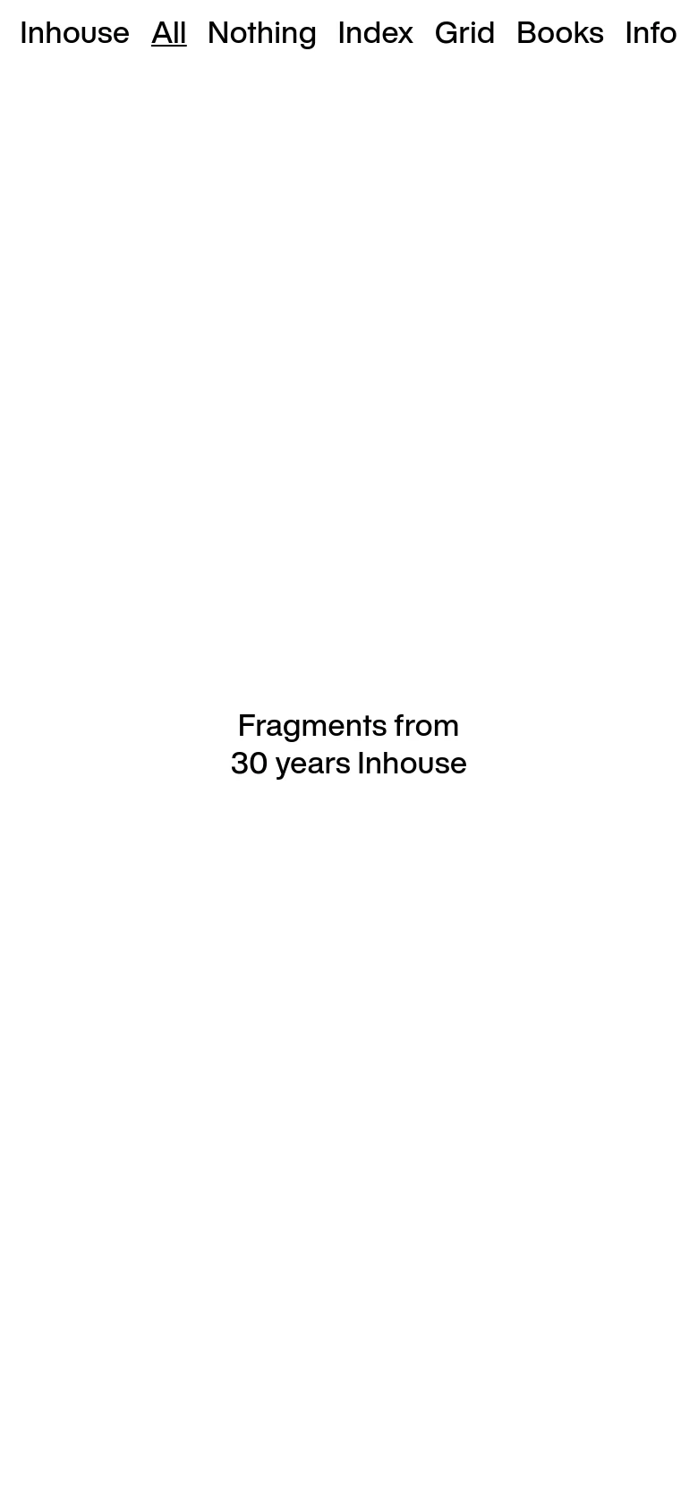 The mobile version maintains the minimalist white aesthetic but transitions to a single-column vertical layout. The navigation menu is condensed at the top, and the portfolio images are stacked vertically for easier scrolling on a small screen.