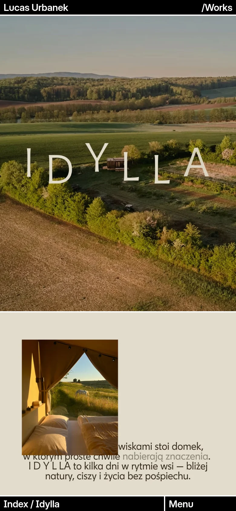 The mobile version presents a vertical, single-column layout starting with a full-width hero image of a green field and landscape. Below the image, the content shifts to a light beige background with large typography and a single project image, with a black navigation bar fixed at the bottom.
