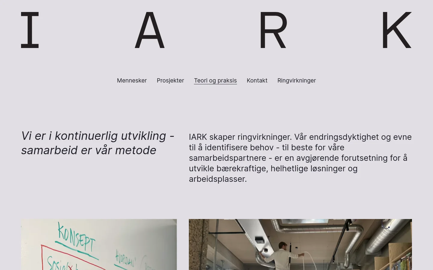 The desktop page features a minimalist light gray background with large 'IARK' branding. A horizontal navigation menu sits below the logo, followed by a large headline and two columns of text, with images of design processes and workspaces positioned below.