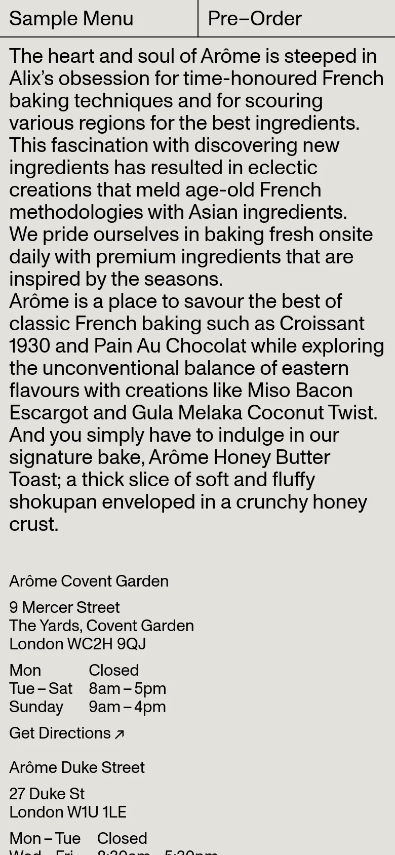 The mobile version presents a single-column vertical layout, prioritizing the text description of the bakery's mission at the top. The location information and opening hours follow below, with the large lifestyle images removed or repositioned to focus on the text content.