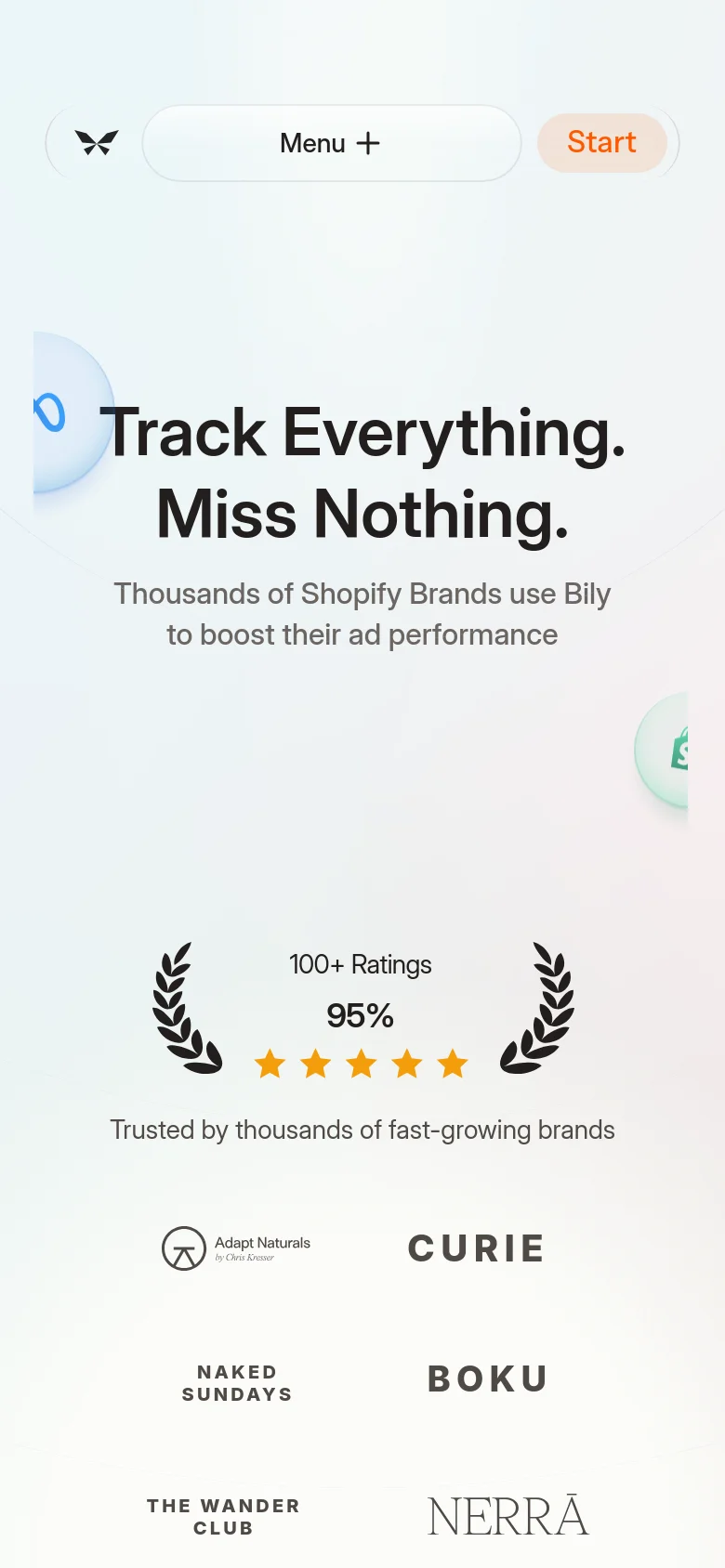 The mobile version presents a simplified vertical layout with a condensed header containing a 'Menu +' button and a 'Start' button. The hero text and brand logos are stacked vertically to fit the narrow screen, maintaining the same light aesthetic and core messaging as the desktop version.