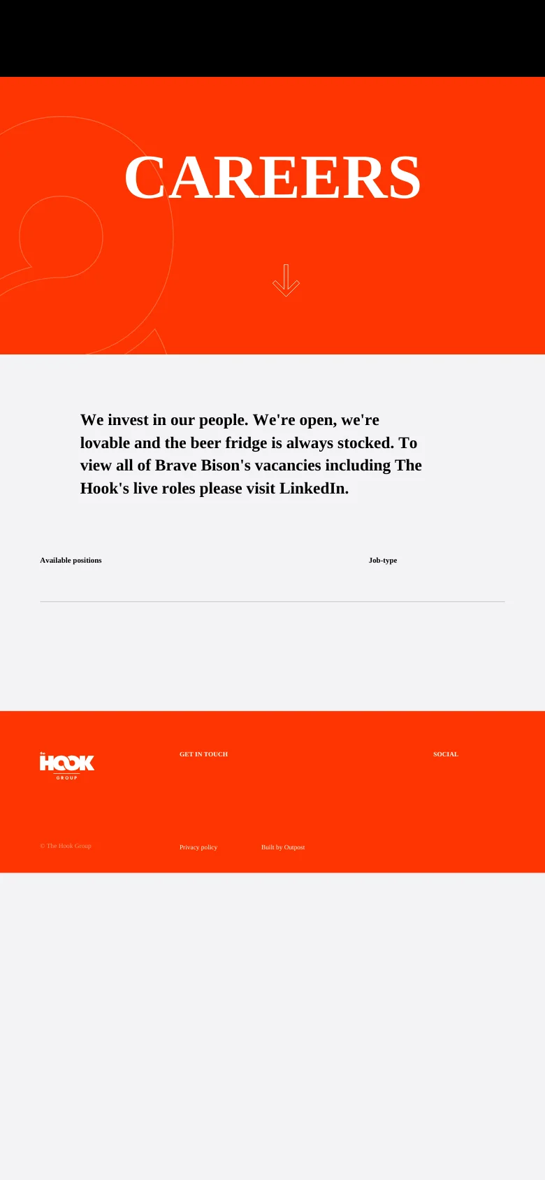 The mobile version simplifies the layout, focusing on the large white 'CAREERS' headline against a bright orange background. The black geometric shapes are removed or repositioned, and the content transitions into a single-column view with text and a footer on a light grey background.