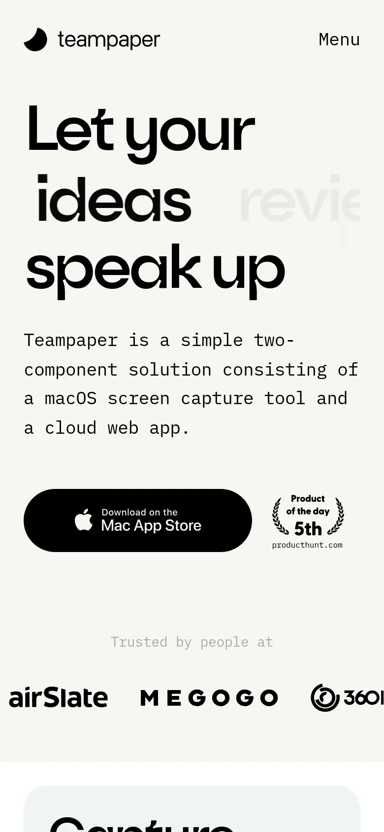 The mobile version uses a single-column layout with the headline 'Let your ideas speak up' positioned prominently at the top. Below the headline is a brief description of the service, followed by a large 'Download on the Mac App Store' button and a 'Product of the day' badge. The navigation is condensed into a 'Menu' button in the top right corner.