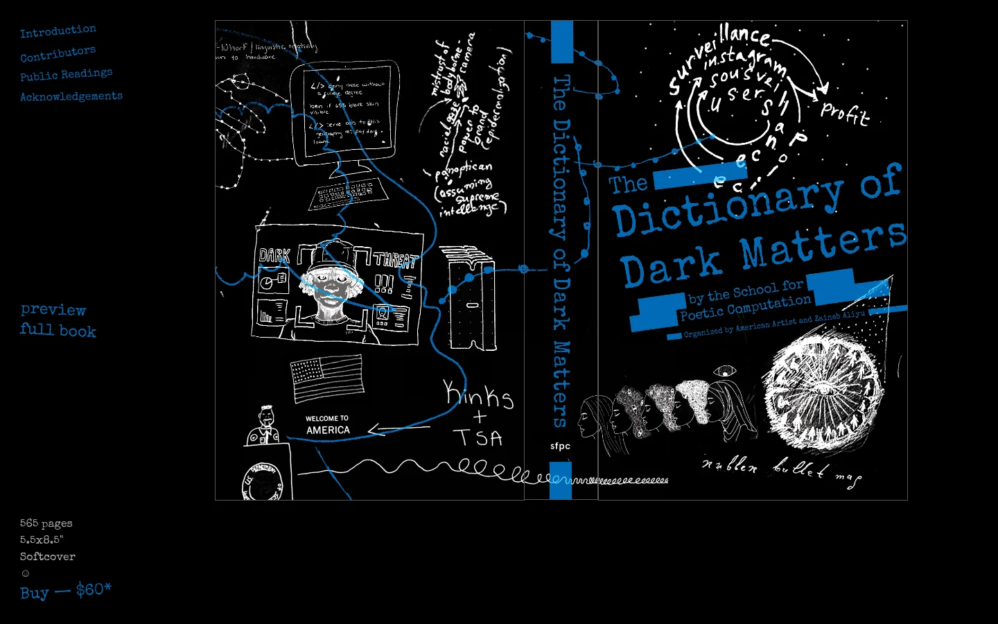 Desktop view of a dark-themed website for 'The Dictionary of Dark Matters'. The layout features blue text links on the left, a large central image of a black book cover with white and blue hand-drawn illustrations, and book details at the bottom. The primary call to action is a 'Buy — $60*' link.
